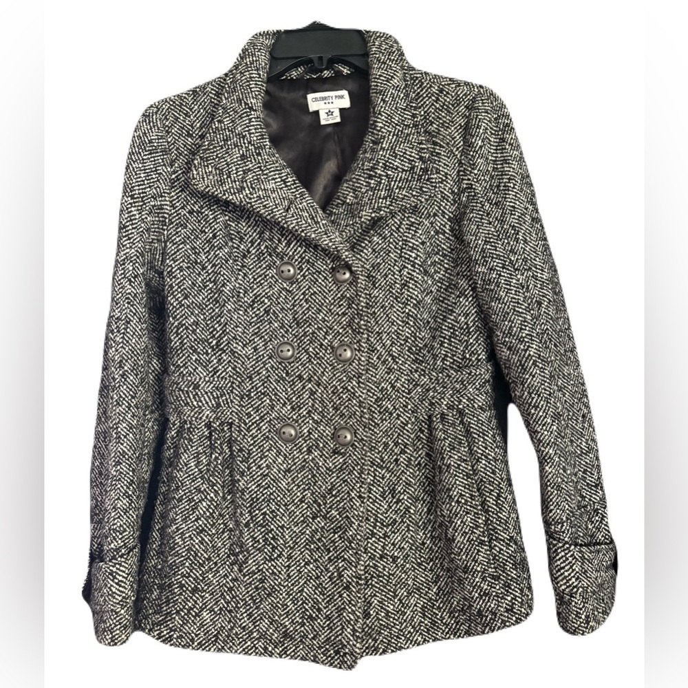 Celebrity Pink Elegant Black Pea Coat